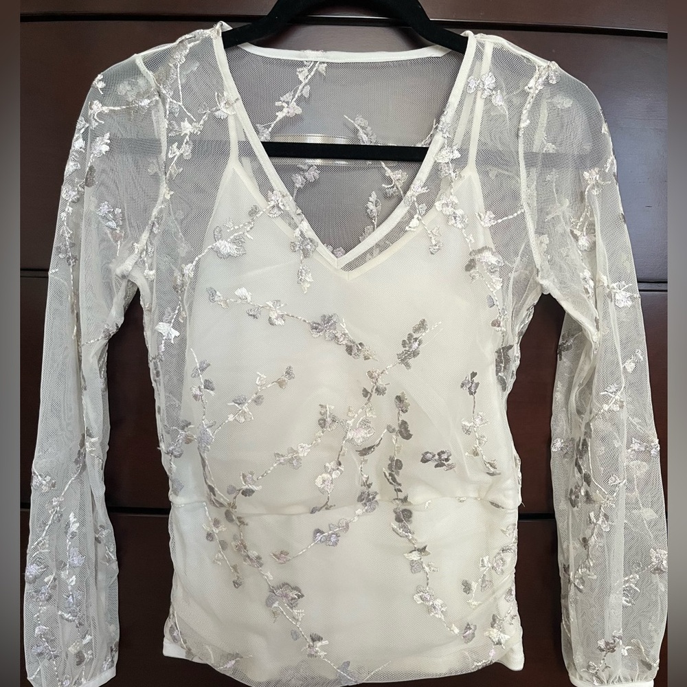 White House Black Market Ivory Mesh Top with Floral Details